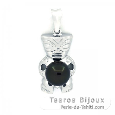 Rhodiated Sterling Silver Pendant and 1 Tahitian Pearl Near-Round C 8.7 mm