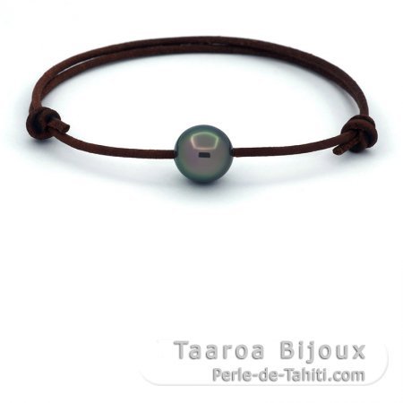Leather Bracelet and 1 Tahitian Pearl Near-Round C 10.2 mm