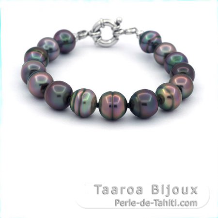 Bracelet with 15 Tahitian Pearls Ringed B 9.5 to 10.4 mm and Rhodiated Sterling Silver