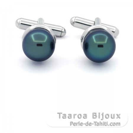 Rhodiated Sterling Silver Cufflinks and 2 Tahitian Pearls Round C 11.2 mm