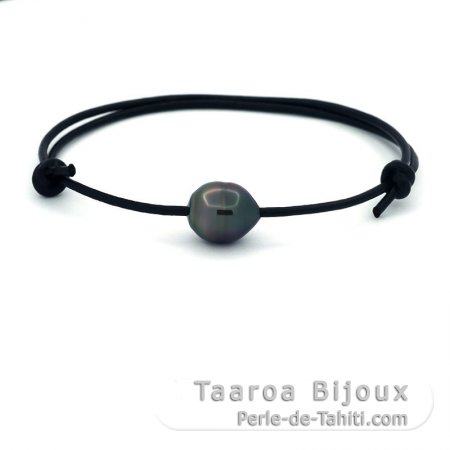 Leather Bracelet and 1 Tahitian Pearl Ringed B 9.6 mm