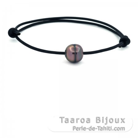Leather Bracelet and 1 Tahitian Pearl Ringed C 10.8 mm