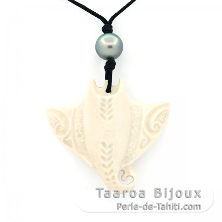 Cotton necklace, bone pendant and 1 Tahitian Pearl Near-Round C 9.6 mm