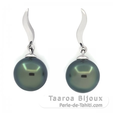 18K Solid White Gold Earrings and 2 Tahitian Pearls Round B 8.9 mm