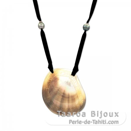 Satin Necklace with Mother of Pearl and 6 Tahitian Pearls Ringed C/D from 9.1 to 10 mm