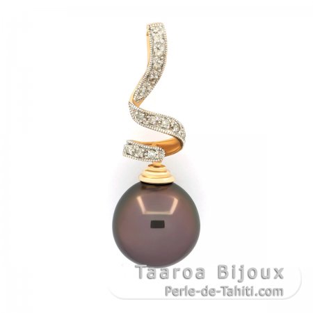 Pingente em Ouro 14K + 15 Diamantes e 1 Prola Tahiti Semi-Barroca B 11.9 mm