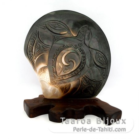 Tahitian Engraved Mother of Pearl on a Wooden Base (Tou)