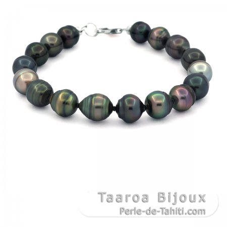 Bracelet with 17 Tahitian Pearls Ringed C from 8.9 to 9.9 mm and Rhodiated Sterling Silver