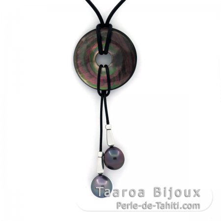 Leather Necklace, Mother-of-pearl and 2 Tahitian Pearls Semi-Baroque C of 10 and 10.2 mm
