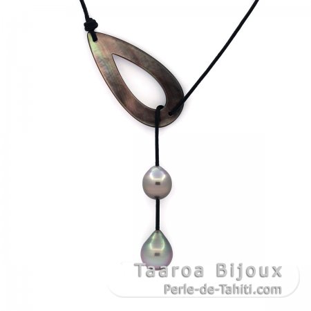 Leather Necklace, Mother-of-pearl and 2 Tahitian Pearls Semi-Baroque C of 9 and 10 mm