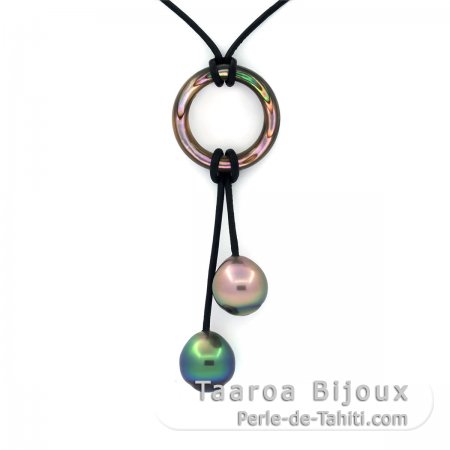 Colar em Couro, Madreprola e 2 Prolas do Tahiti Semi-Barrocas B 9.3 mm