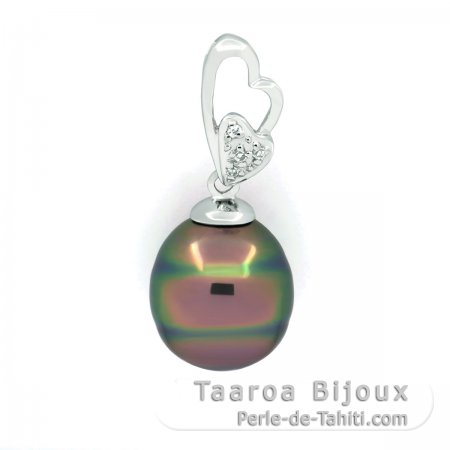 Rhodiated Sterling Silver Pendant and 1 Tahitian Pearl Ringed B/C 10.6 mm