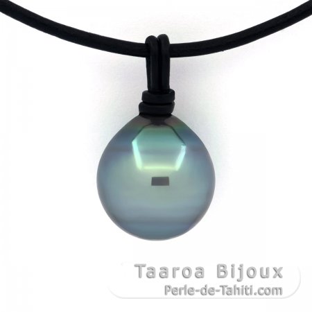 Leather Necklace and 1 Tahitian Pearl Semi-Baroque C/D 14.2 mm