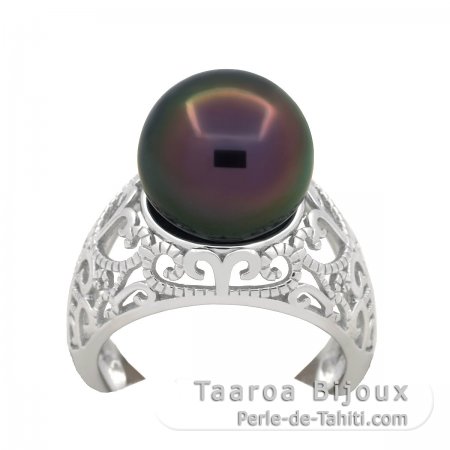 Rhodiated Sterling Silver Ring and 1 Tahitian Pearl Near-Round C 11.5 mm