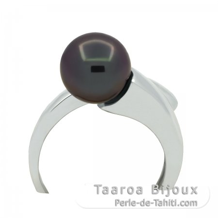 Rhodiated Sterling Silver Ring and 1 Tahitian Pearl Round C 9.3 mm