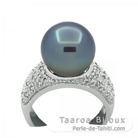 Rhodiated Sterling Silver Ring and 1 Tahitian Pearl Round B/C 12.2 mm