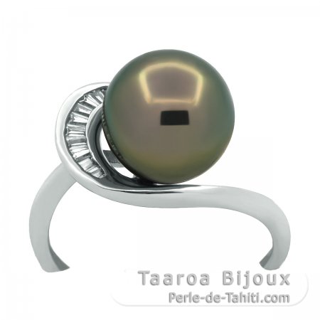 Rhodiated Sterling Silver Ring and 1 Tahitian Pearl Round B/C 9.6 mm