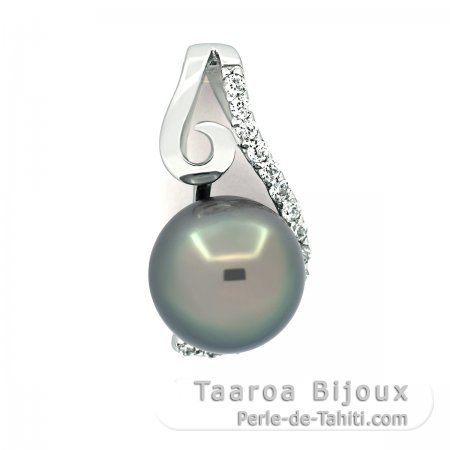 Rhodiated Sterling Silver Pendant and 1 Tahitian Pearl Round C 9.1 mm