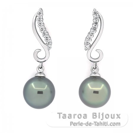 Rhodiated Sterling Silver Earrings and 2 Tahitian Pearls Round B/C 8.6 mm