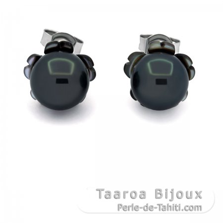 Rhodiated Sterling Silver Earrings and 2 Tahitian Pearls Round C 8.1 mm