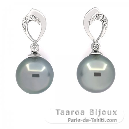 Rhodiated Sterling Silver Earrings and 2 Tahitian Pearls Round B/C 10.4 mm