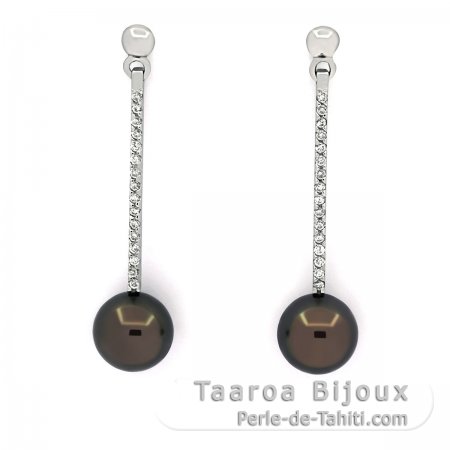 Rhodiated Sterling Silver Earrings and 2 Tahitian Pearls Round 1 B & 1 C 8.5 mm