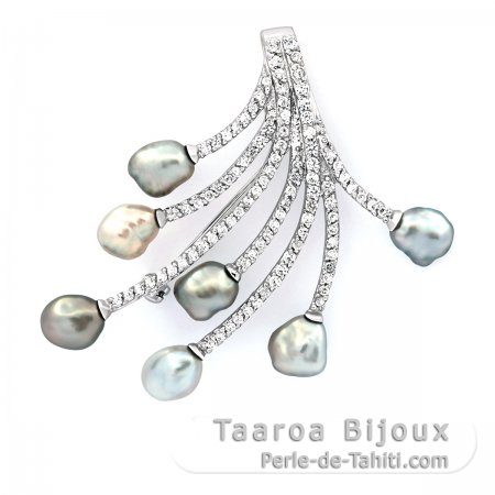 Rhodiated Sterling Silver Pendant and Brooch with 7 Tahitian Keishis