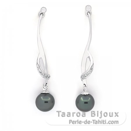 Rhodiated Sterling Silver Earrings and 2 Tahitian Pearls Round C 7.6 mm