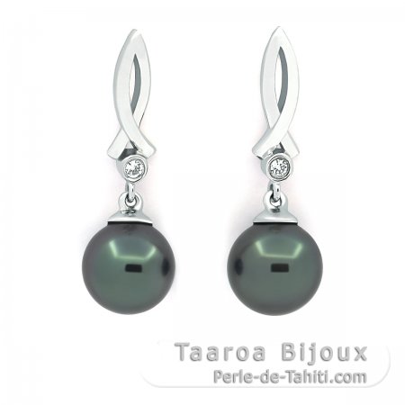 Rhodiated Sterling Silver Earrings and 2 Tahitian Pearls Round C 7.7 mm