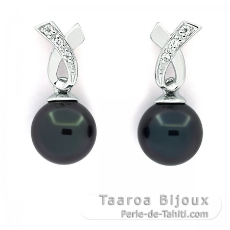 Rhodiated Sterling Silver Earrings and 2 Tahitian Pearls 1 Round & 1 Near-Round C 7.8 mm