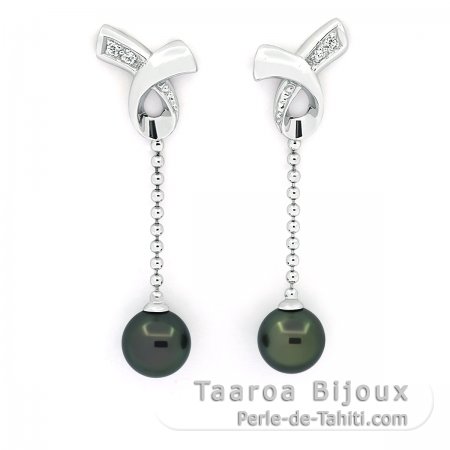 Rhodiated Sterling Silver Earrings and 2 Tahitian Pearls Round C 7.8 mm