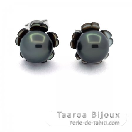 Rhodiated Sterling Silver Earrings and 2 Tahitian Pearls Near-Round C 7.7 mm