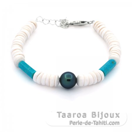 Shell Bracelet, Turquoise and 1 Tahitian Pearl Round C 8.7 mm