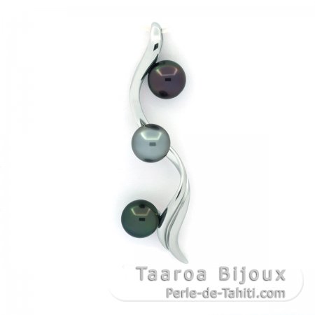 Rhodiated Sterling Silver Pendant and 3 Tahitian Pearls Round C 8.2 mm