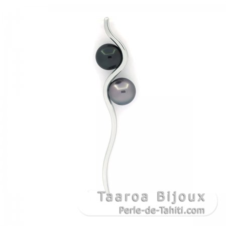 Rhodiated Sterling Silver Pendant and 2 Tahitian Pearls Round C 7.6 and 8 mm
