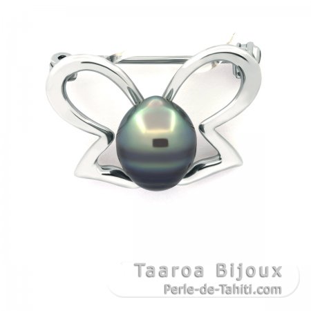 Rhodiated Sterling Silver Brooch and 1 Tahitian Pearl Ringed C 8.9 mm