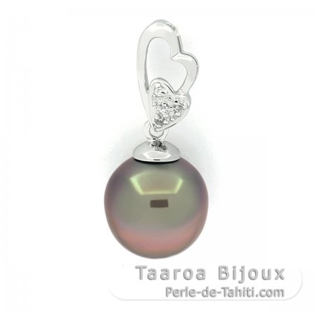Rhodiated Sterling Silver Pendant and 1 Tahitian Pearl Semi-Baroque C 10.5 mm