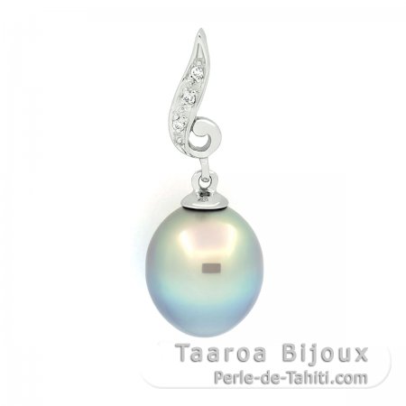 Rhodiated Sterling Silver Pendant and 1 Tahitian Pearl Semi-Baroque B 9.4 mm