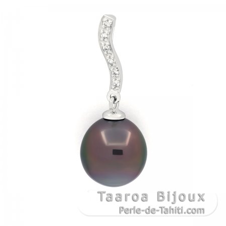 Rhodiated Sterling Silver Pendant and 1 Tahitian Pearl Semi-Baroque C 10 mm