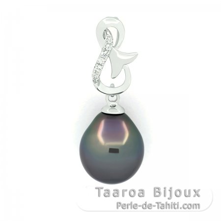 Rhodiated Sterling Silver Pendant and 1 Tahitian Pearl Semi-Baroque B 9.5 mm