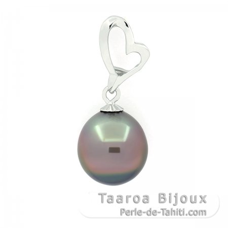 Rhodiated Sterling Silver Pendant and 1 Tahitian Pearl Semi-Baroque C 10.5 mm