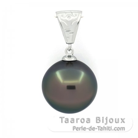Rhodiated Sterling Silver Pendant and 1 Tahitian Pearl Semi-Baroque C 14.6 mm