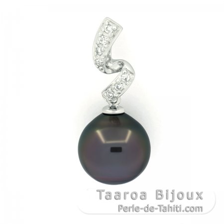 Rhodiated Sterling Silver Pendant and 1 Tahitian Pearl Semi-Baroque C 10.9 mm