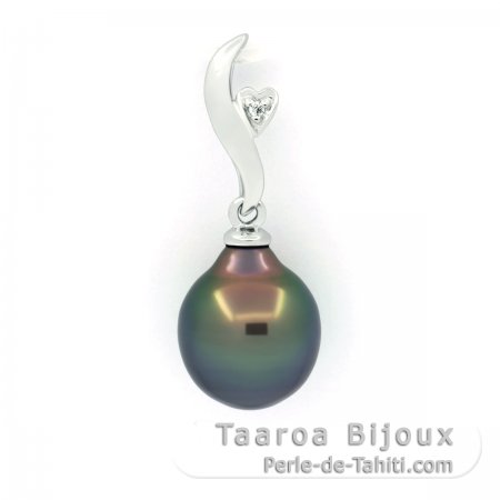 Rhodiated Sterling Silver Pendant and 1 Tahitian Pearl Semi-Baroque B 9.2 mm