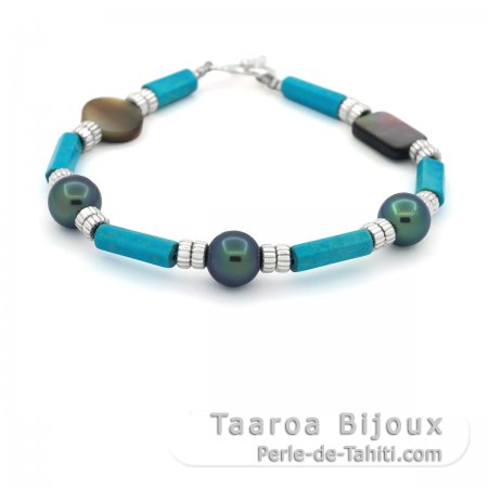 Silver Bracelet, Turquoise, Mother-of-Pearl and 3 Tahitian Pearls Round D 8.3 mm