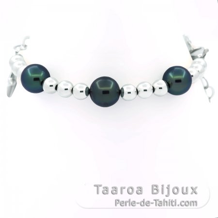 Silver Bracelet and 3 Tahitian Pearls Round C/D 8.7 mm