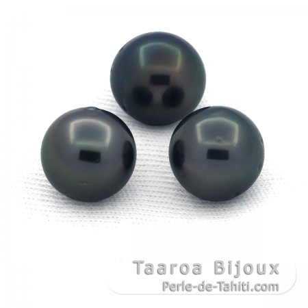 Lot of 3 Tahitian Pearls Near-Round D from 9.5 to 9.9 mm