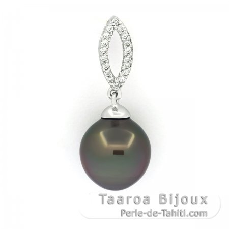 Rhodiated Sterling Silver Pendant and 1 Tahitian Pearl Semi-Baroque C 11.2 mm