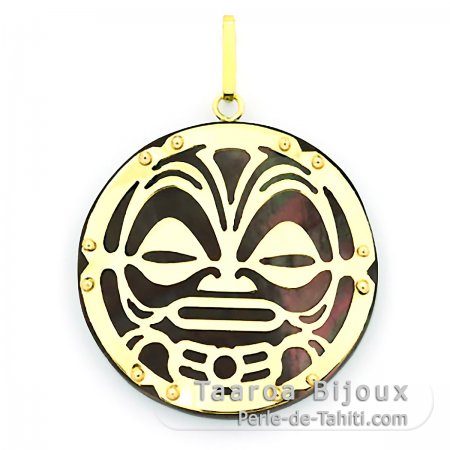 18K Gold and Tahitian Mother-of-Pearl Pendant - Diameter = 27 mm - Mana Tiki