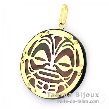 18K Gold and Tahitian Mother-of-Pearl Pendant - Diameter = 27 mm - Mana Tiki